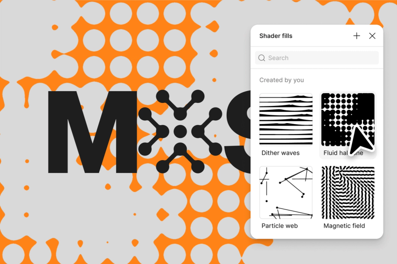 Figma interface showing a “Shader fills” library panel beside a graphic composition of black typography and orange-and-gray halftone patterns. The panel displays custom shader presets including Dither waves, Fluid halftone, Particle web, and Magnetic field, with a cursor selecting a preset.
