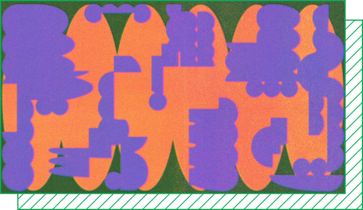 Purple and orange shapes overlap over a green background