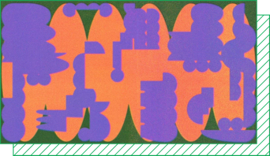 Purple and orange shapes overlap over a green background