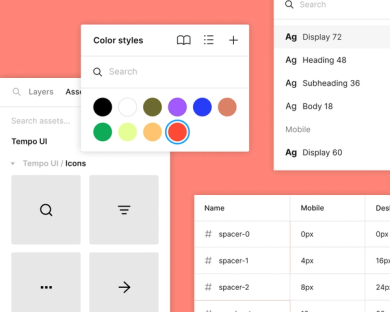 アイコン、色、タイプフェーススタイル、スペーサーのライブラリ