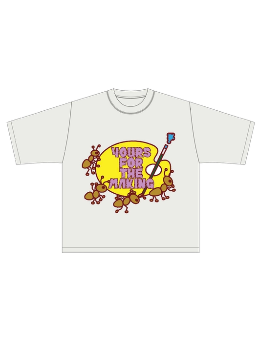 Hand-drawn ants crawling around a yellow circle with the text "Yours for the Making" and a paintbrush, on a white t-shirt mockup