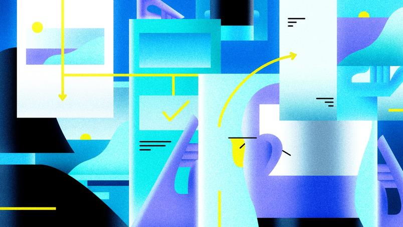 様式化されたワークフロー図。抽象的なシェイプ、チェックマーク、矢印が動的なデザインのプロセスを示している。