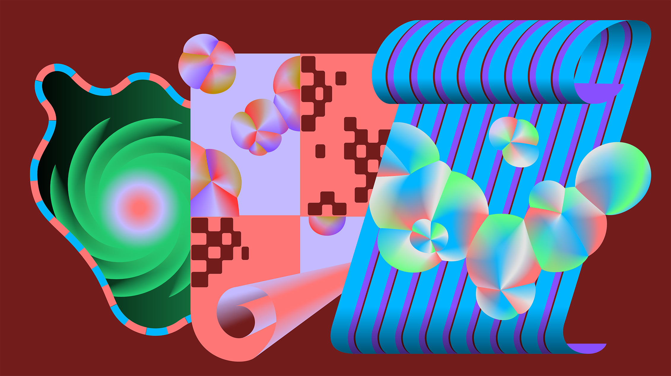 Abstract digital artwork with swirling green spiral, pixel-like squares, striped scroll, and multicolored circular shapes.