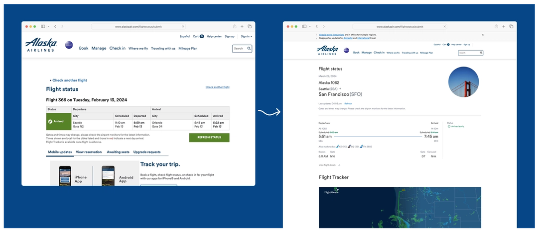 Two screens show how the updated flight status page includes more information like a flight status tracker