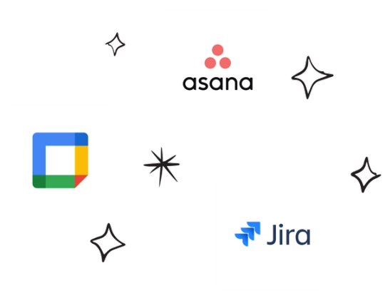 The Asana, Google Cal, and Jira widget logos surrounded by hand-drawn stars