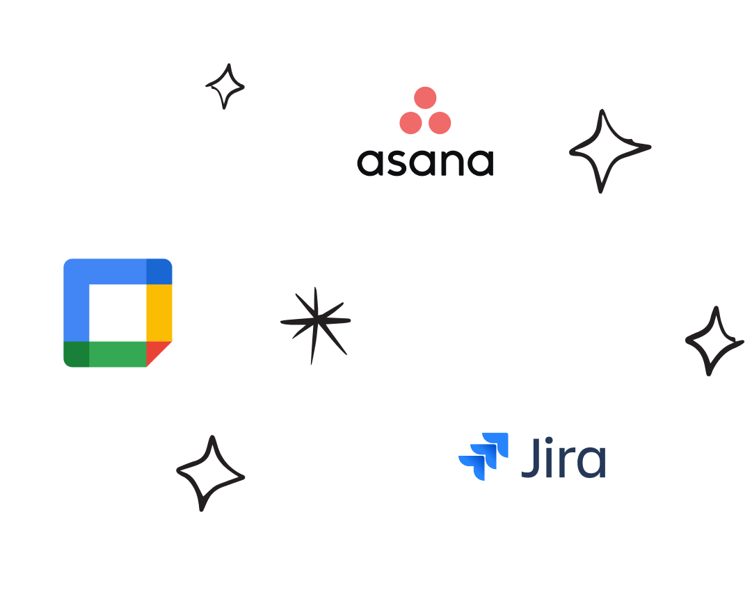 Asana, Google Cal, और Jira widget विज़ेट के लोगो, हाथ से बनाए गए सितारों से घिरे हुए