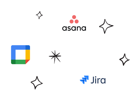 손으로 그린 별 모양으로 둘러싸인 Asana, Google Cal 및 Jira 위젯 로고