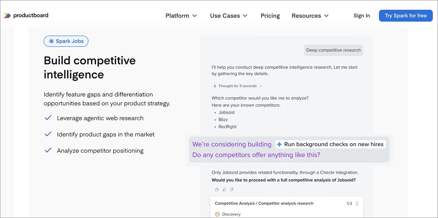 ScreenshProductboard’s website showcasing Spark AI running a competitor analysis.