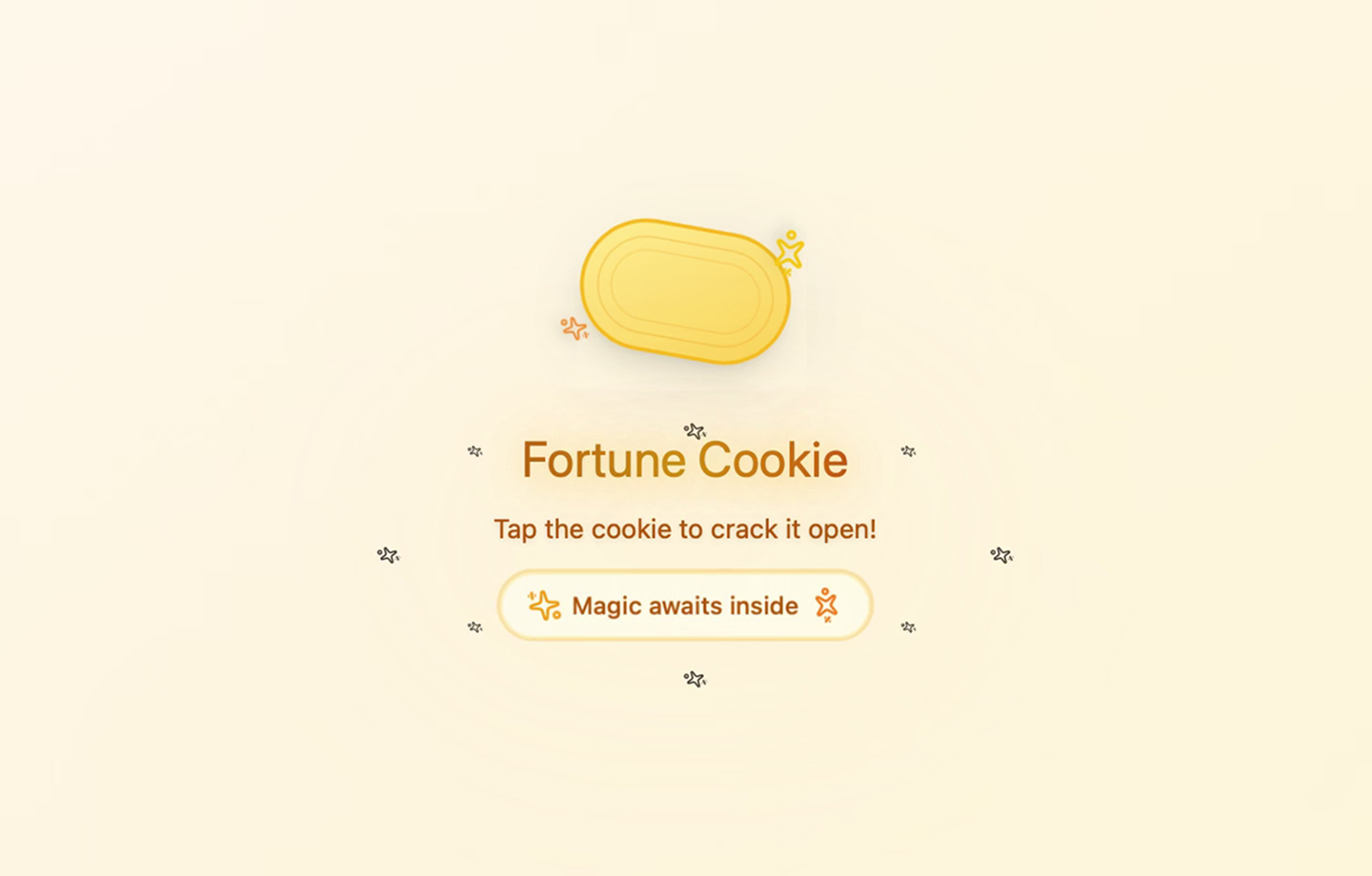 Screenshot of a fortune cookie app, made with Figma Make.