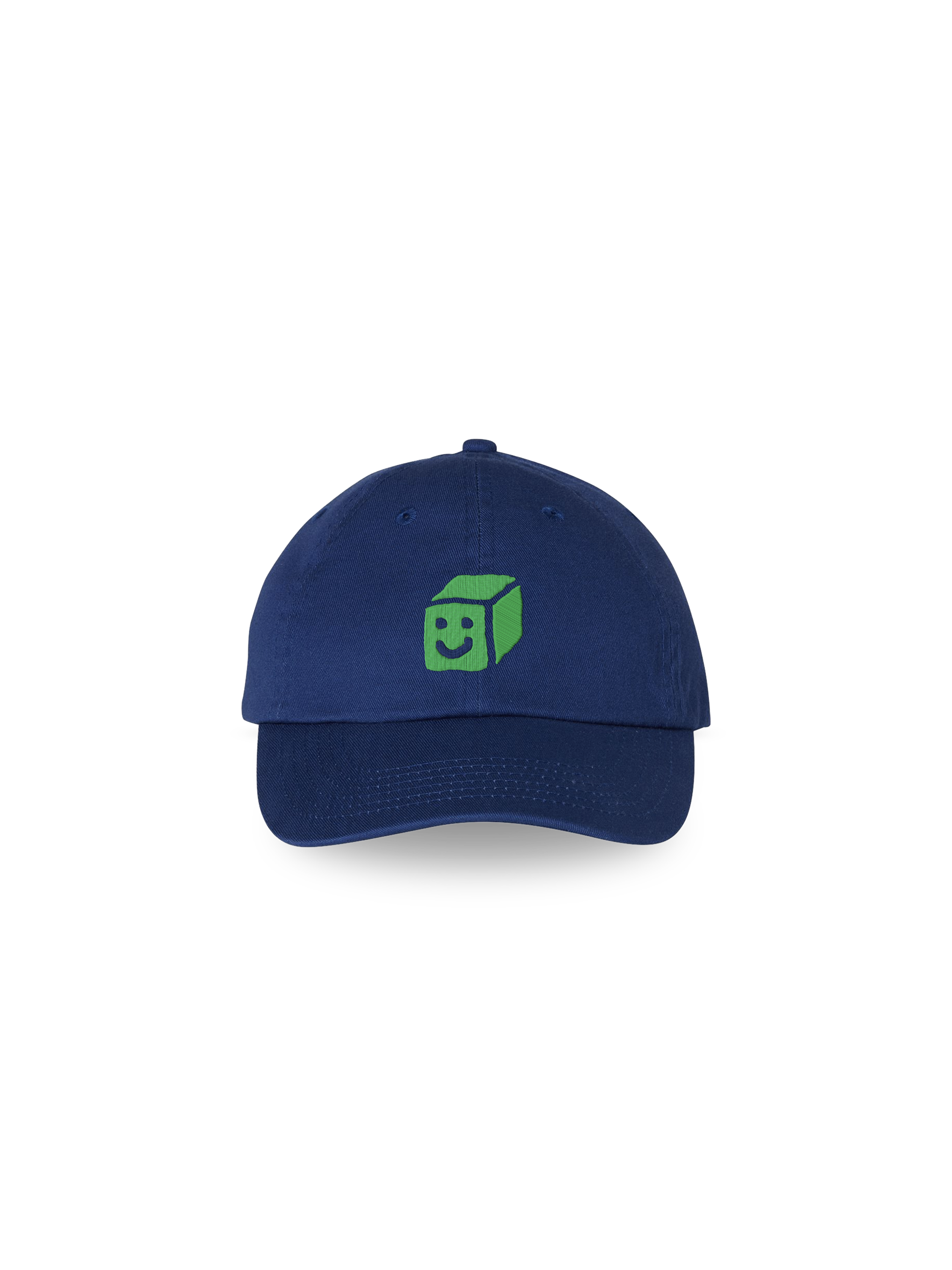 A green smiling cube embroidered on a navy baseball cap