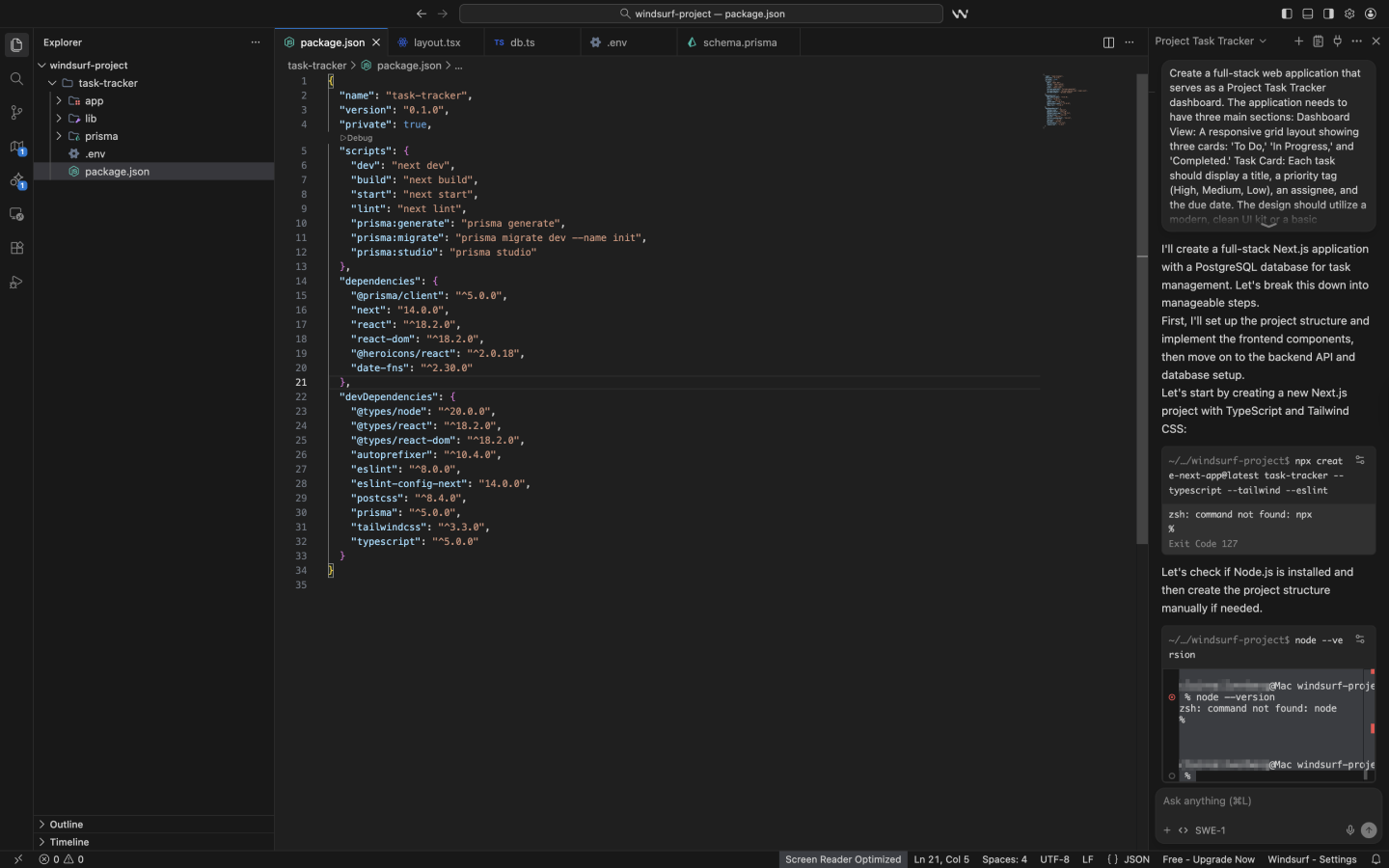 A screenshot of productivity app code created on Windsurf.