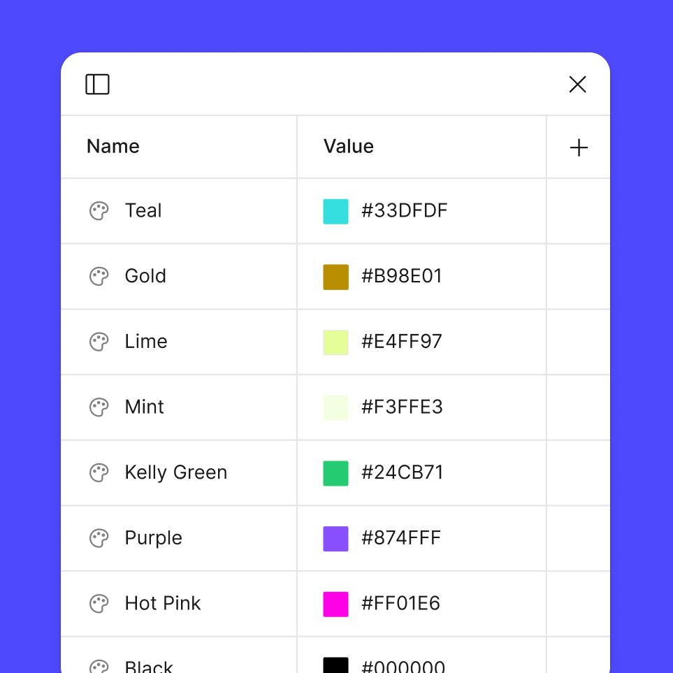 A table on a blue background listing color names (Teal, Gold, Lime, Mint, Kelly Green, Purple, Hot Pink, Black) with corresponding color swatches and hex codes, illustrating Figma’s design system colors.