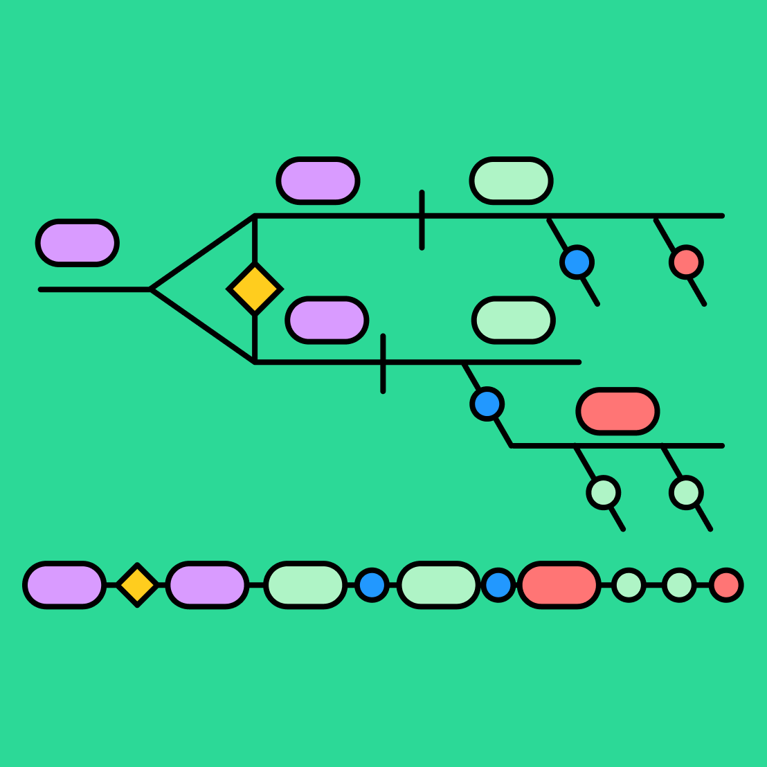 直線でつながったカラフルな円形のシェイプ