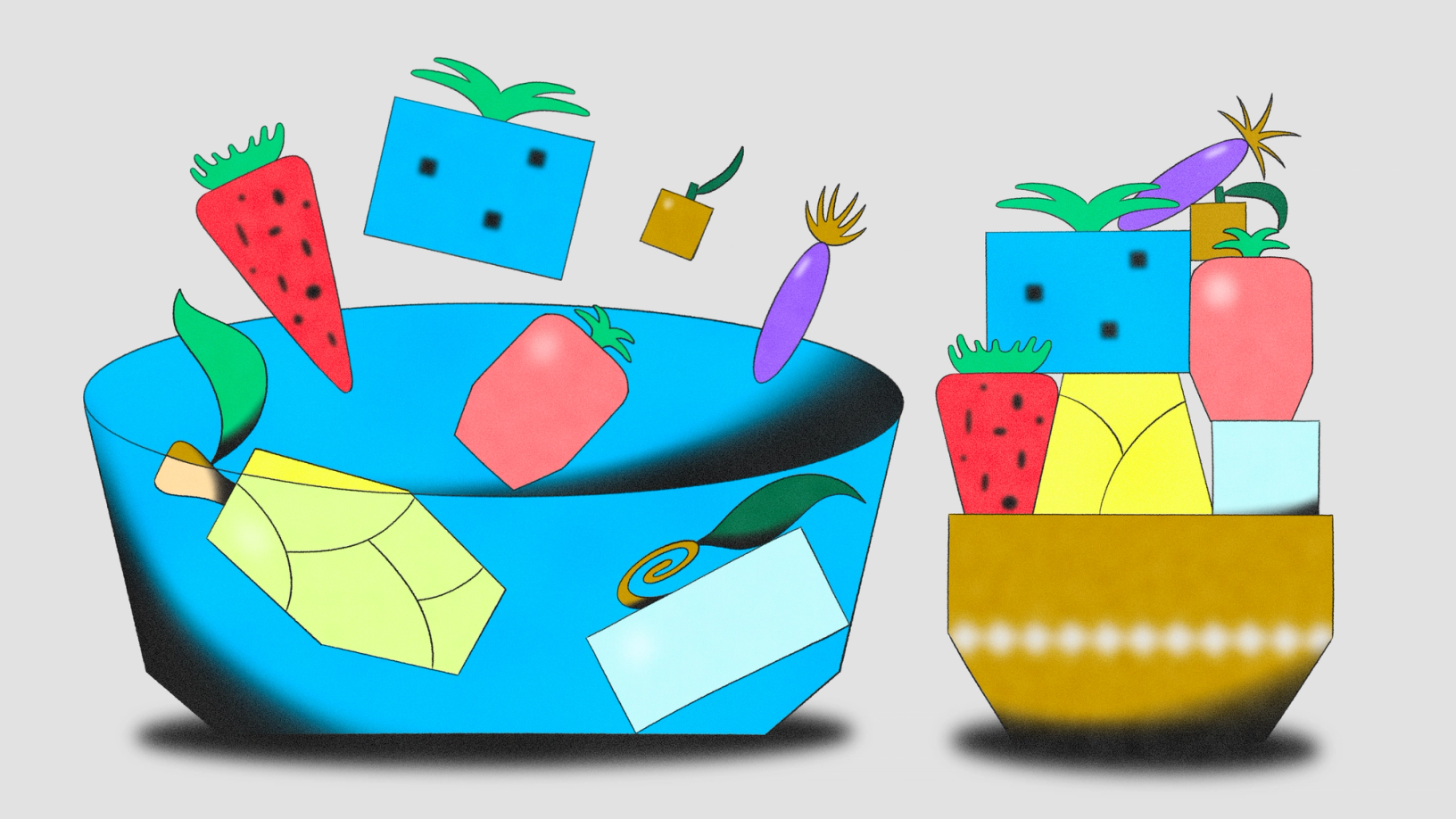 Two colorful bowls—one chaotic and overflowing, the other neatly stacked—contain stylized geometric fruits and vegetables.