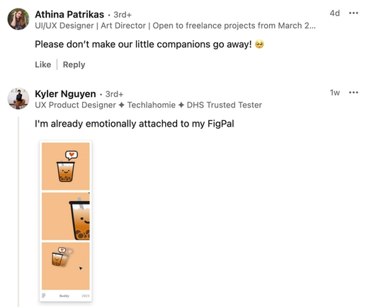 Figma users expressing love for FigPals on Linkedin