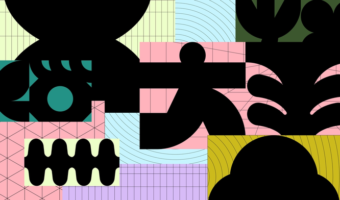 a series of stacked shapes on a vibrant neon green and turquoise background