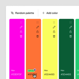 Figma’s color palette generator crafts harmonious color combinations. Start with a single hue or random selection, then shuffle through different color schemes to find the perfect palette.
