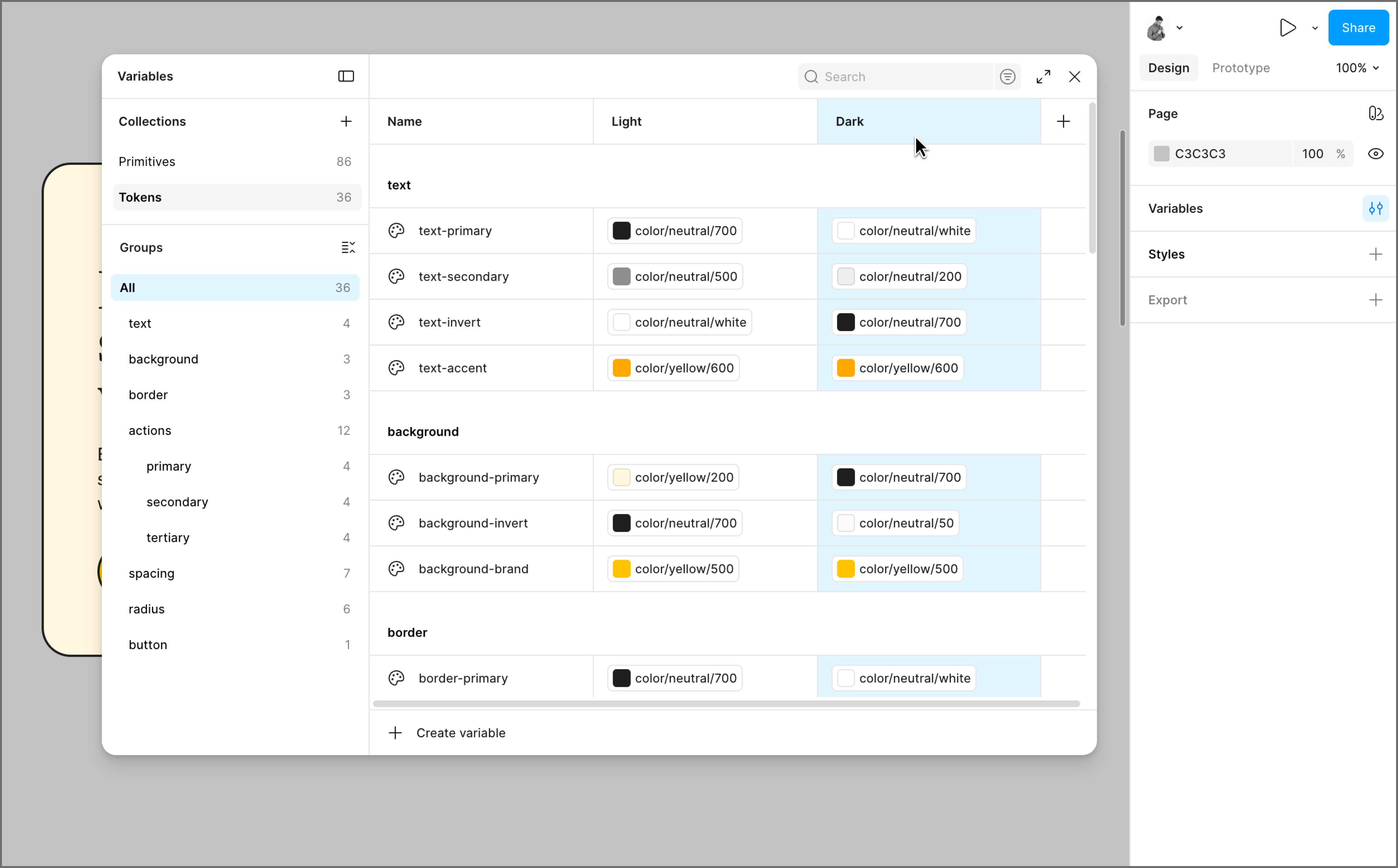 A Figma design file showing the variable table view with two columns, Light and Dark.