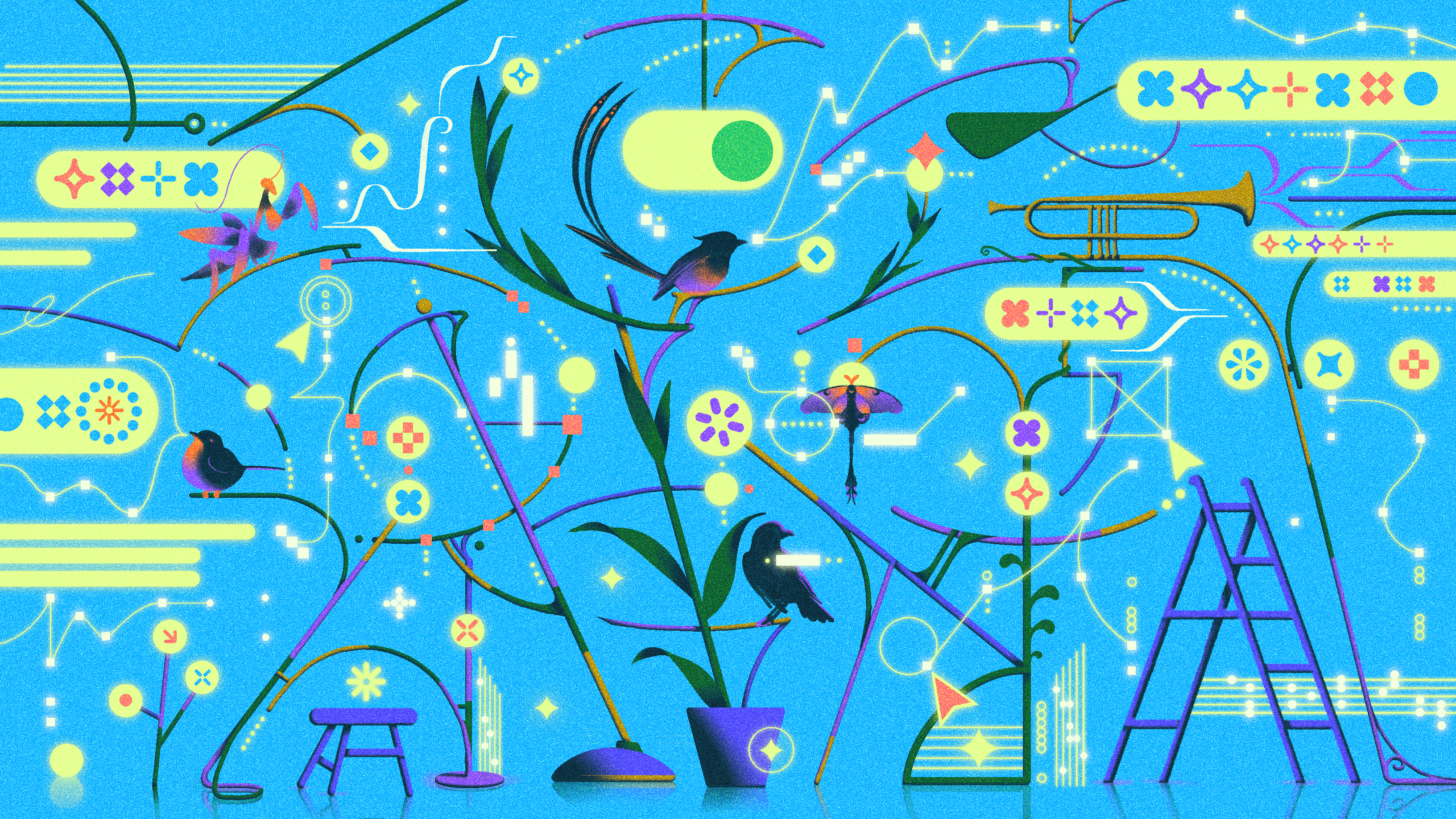 Abstract illustration of birds interacting with a digital system.