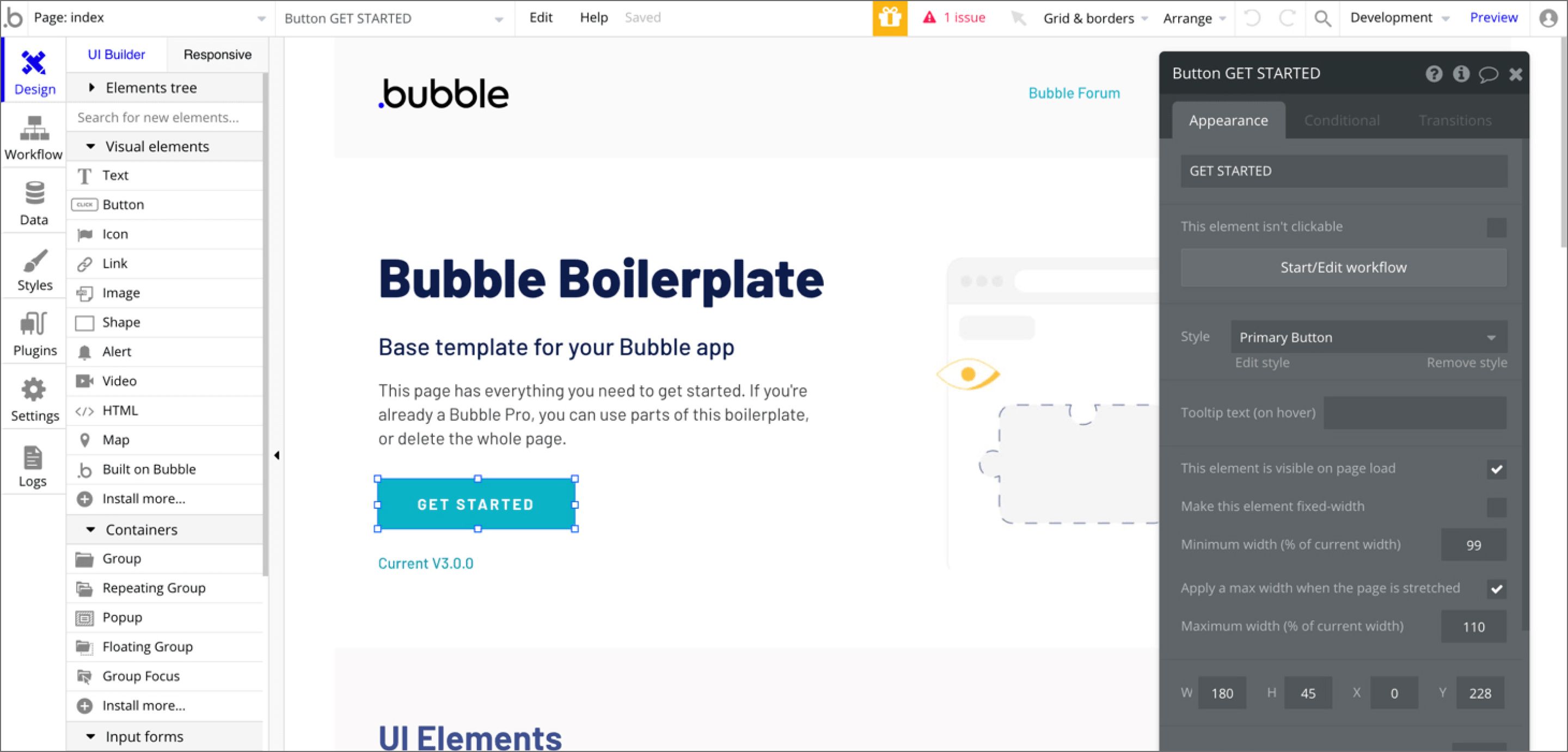 A screenshot of the Bubble app builder with default settings and drag-and-drop design elements.