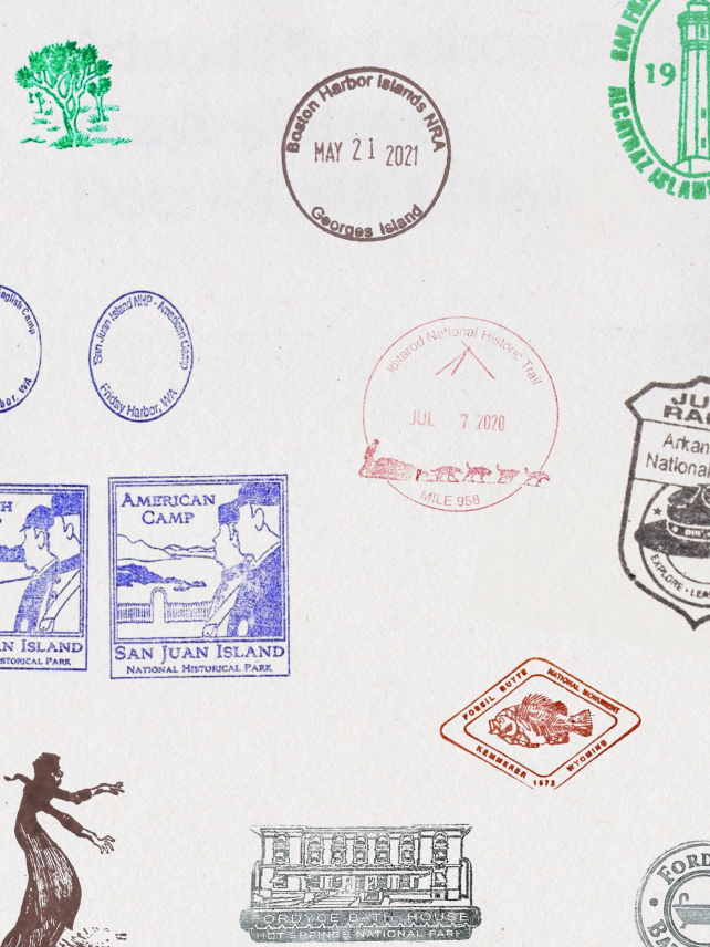 A collage of passport stamps from San Juan Island, Boston Harbor Islands, and more