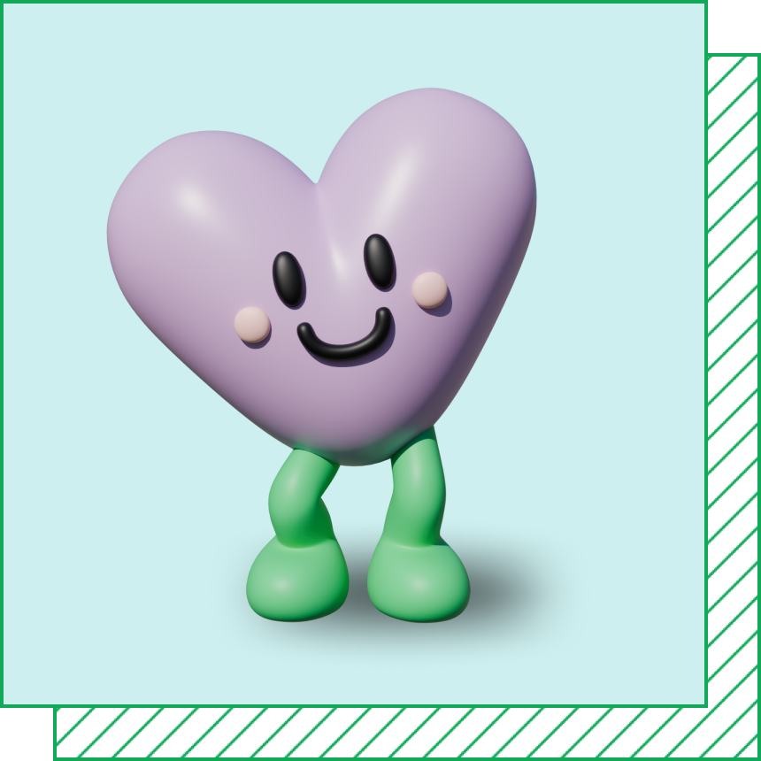 A 3D character of a smiling purple heart with green legs and feet