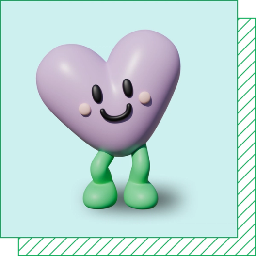 A 3D character of a smiling purple heart with green legs and feet