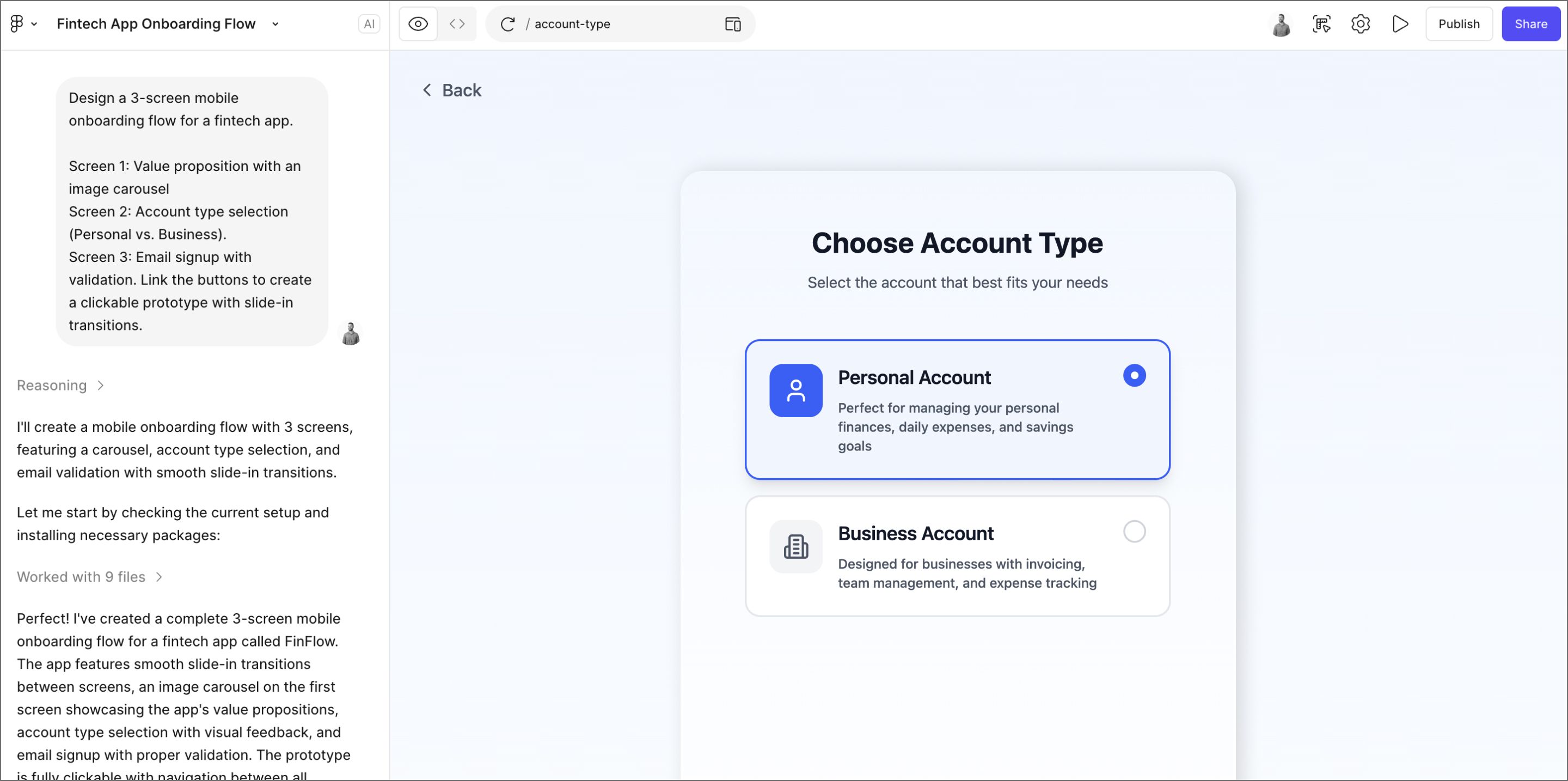 Screenshot of Figma Make generating a prototype for a fintech app onboarding flow.
