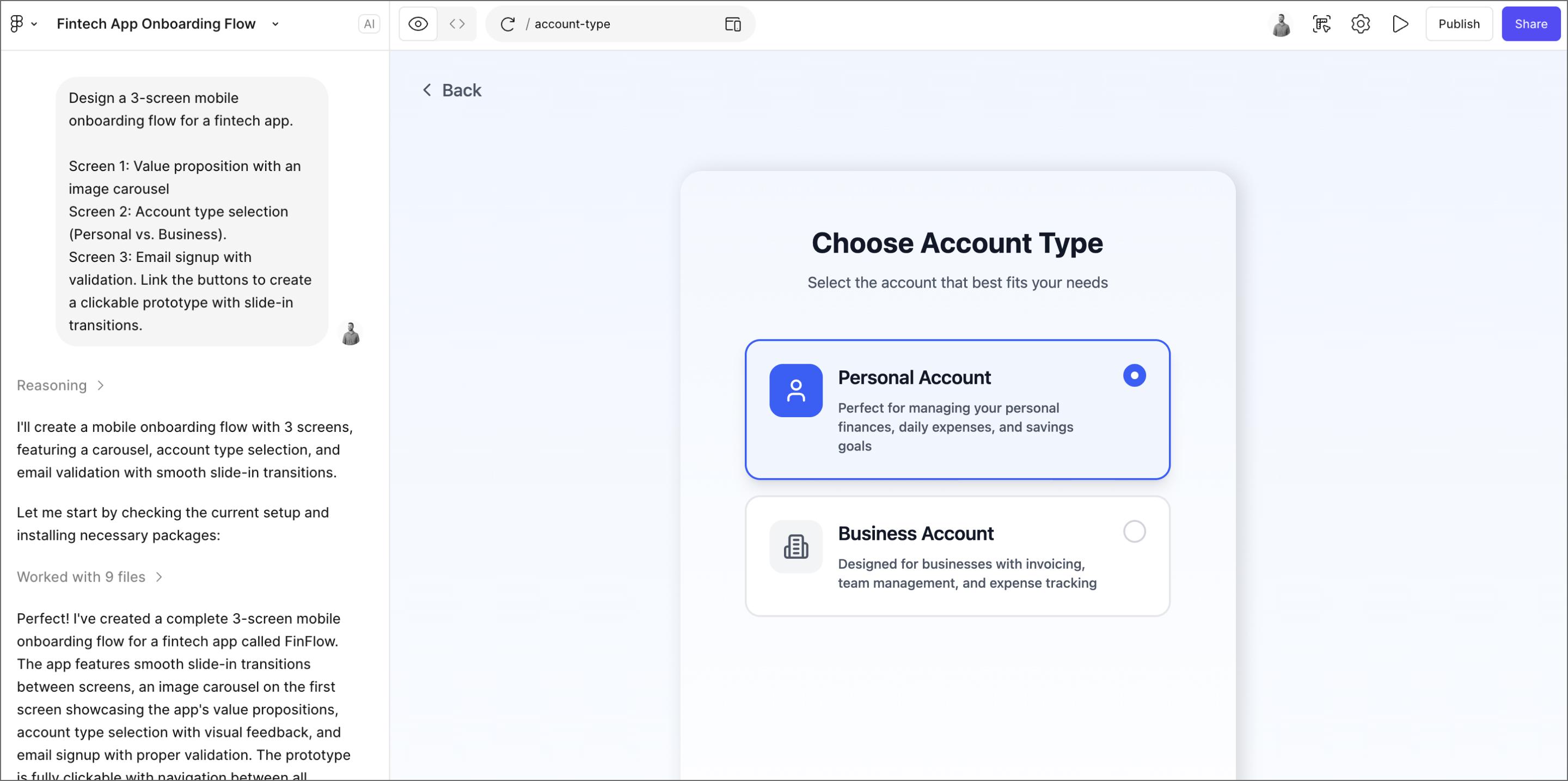 Screenshot of Figma Make generating a prototype for a fintech app onboarding flow.