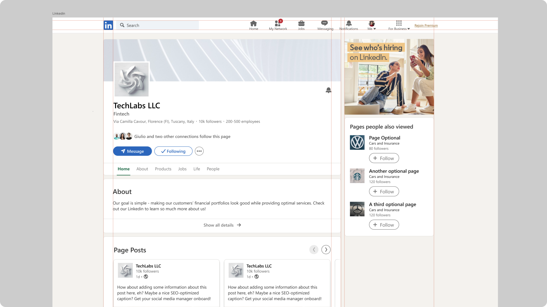Screenshot of LinkedIn business page mockup from the Figma community.