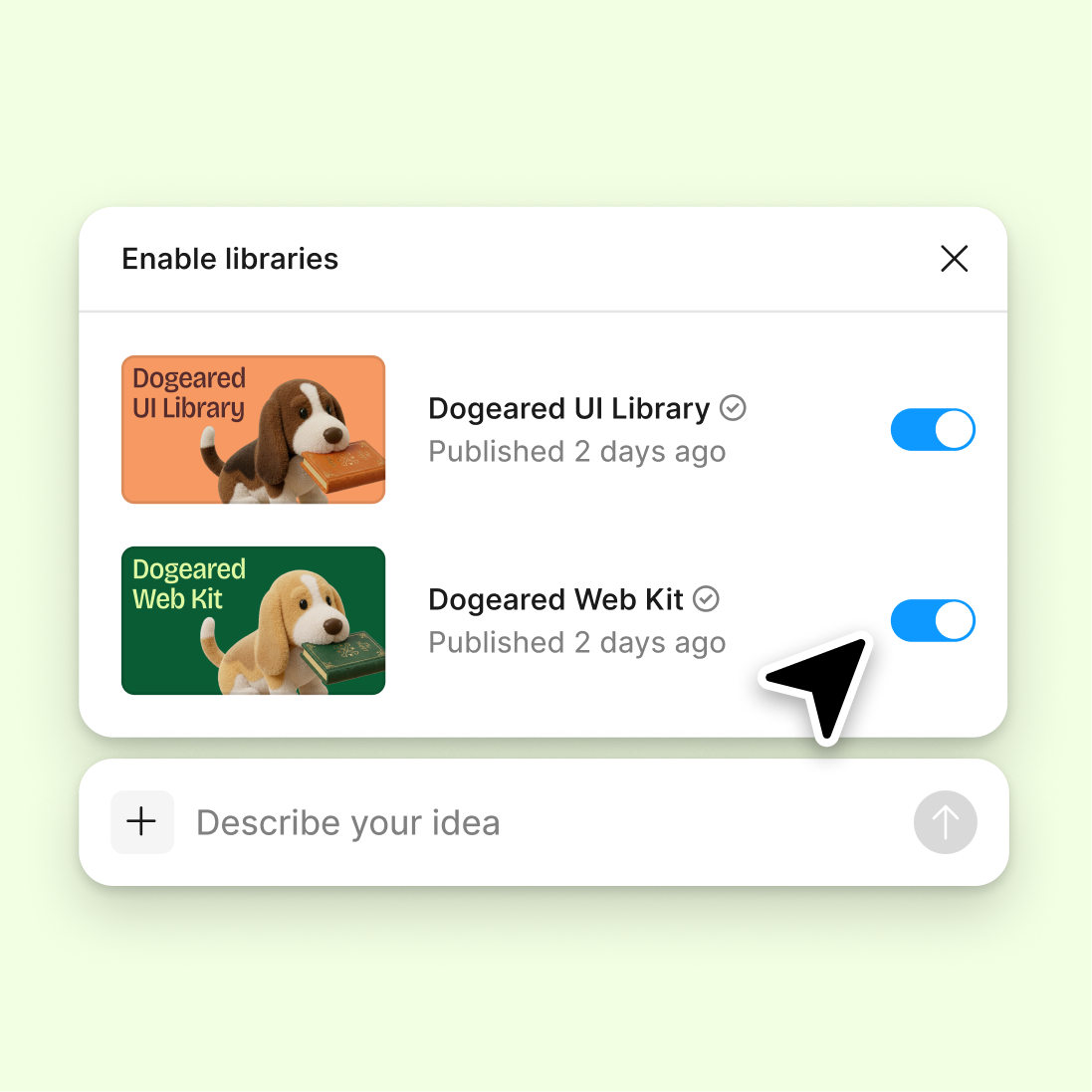 Screenshot showing Figma AI agent connected to a component library, auto-applying brand tokens to a design