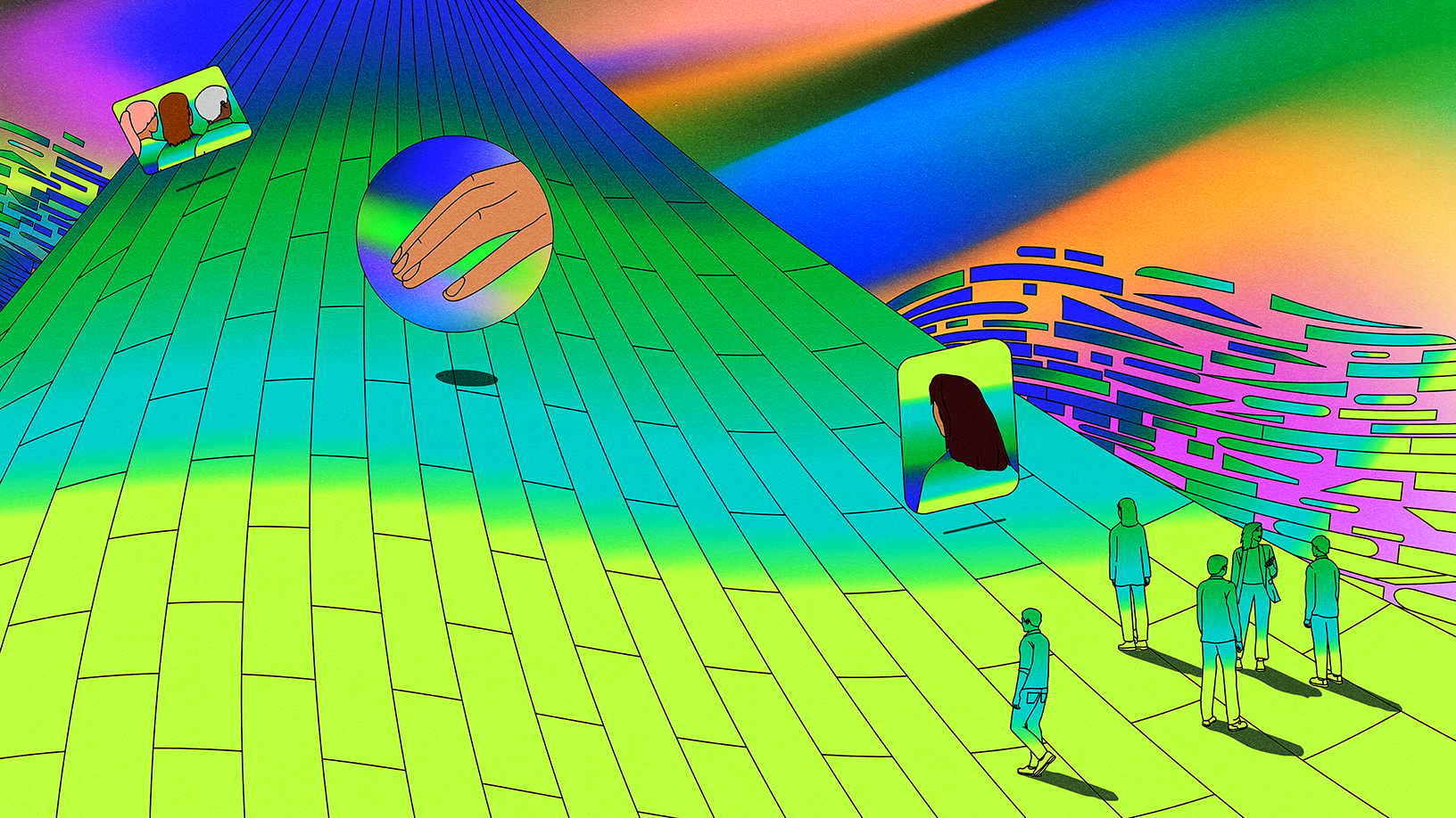A surreal, neon-colored scene shows small human figures walking toward a glowing pyramid-like slope. Floating screens display hands and faces, while bright rainbow gradients streak across the sky.