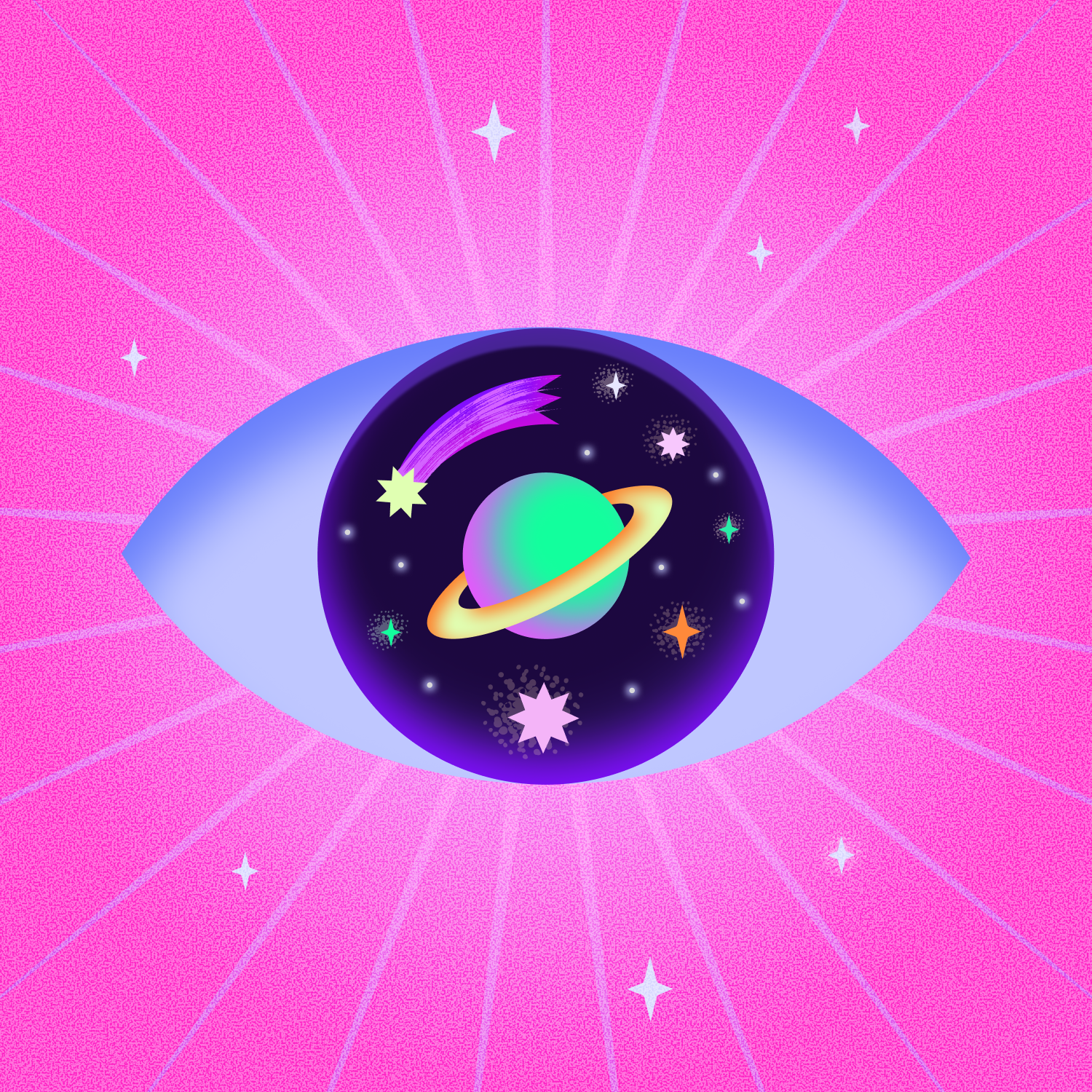 A stylized eye with a cosmic scene inside appears on a radiant pink background with sparkles.