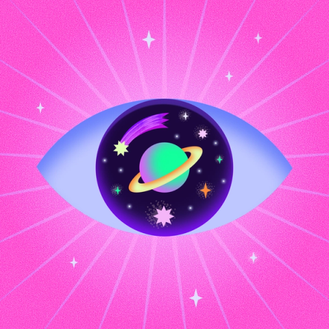 Auf einem strahlend rosa Hintergrund mit Glitzer erscheint ein stilisiertes Auge mit einer kosmischen Szene darin.