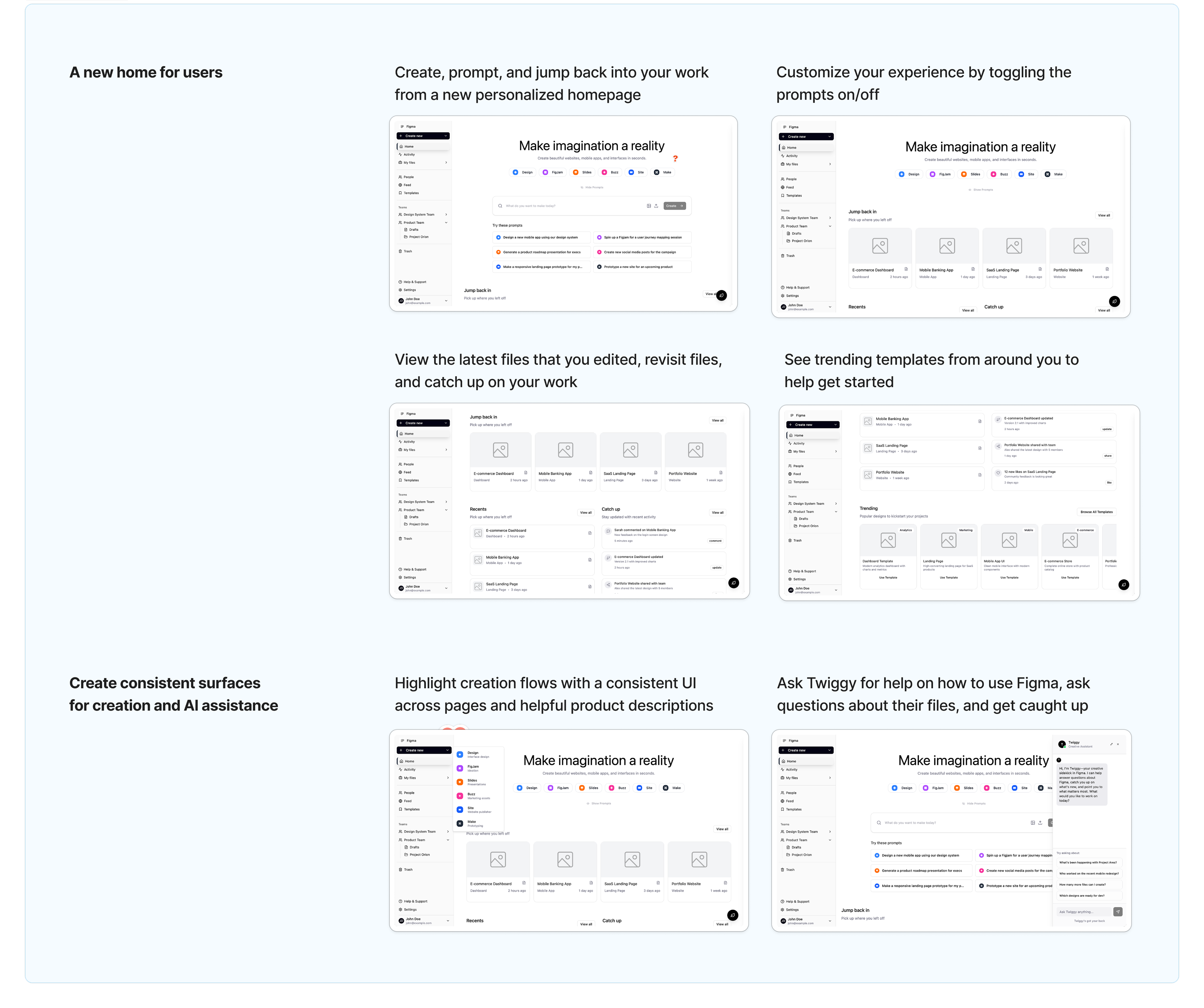 Screens showing recent FigJam work used to mock up a prototype homepage.