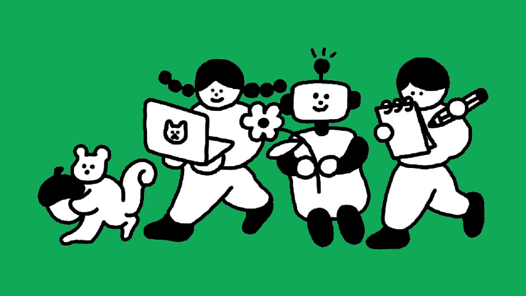 An illustration of a squirrel holding an acorn, a person with pigtails holding an open laptop, a robot holding a flower, and a person writing in a notebook
