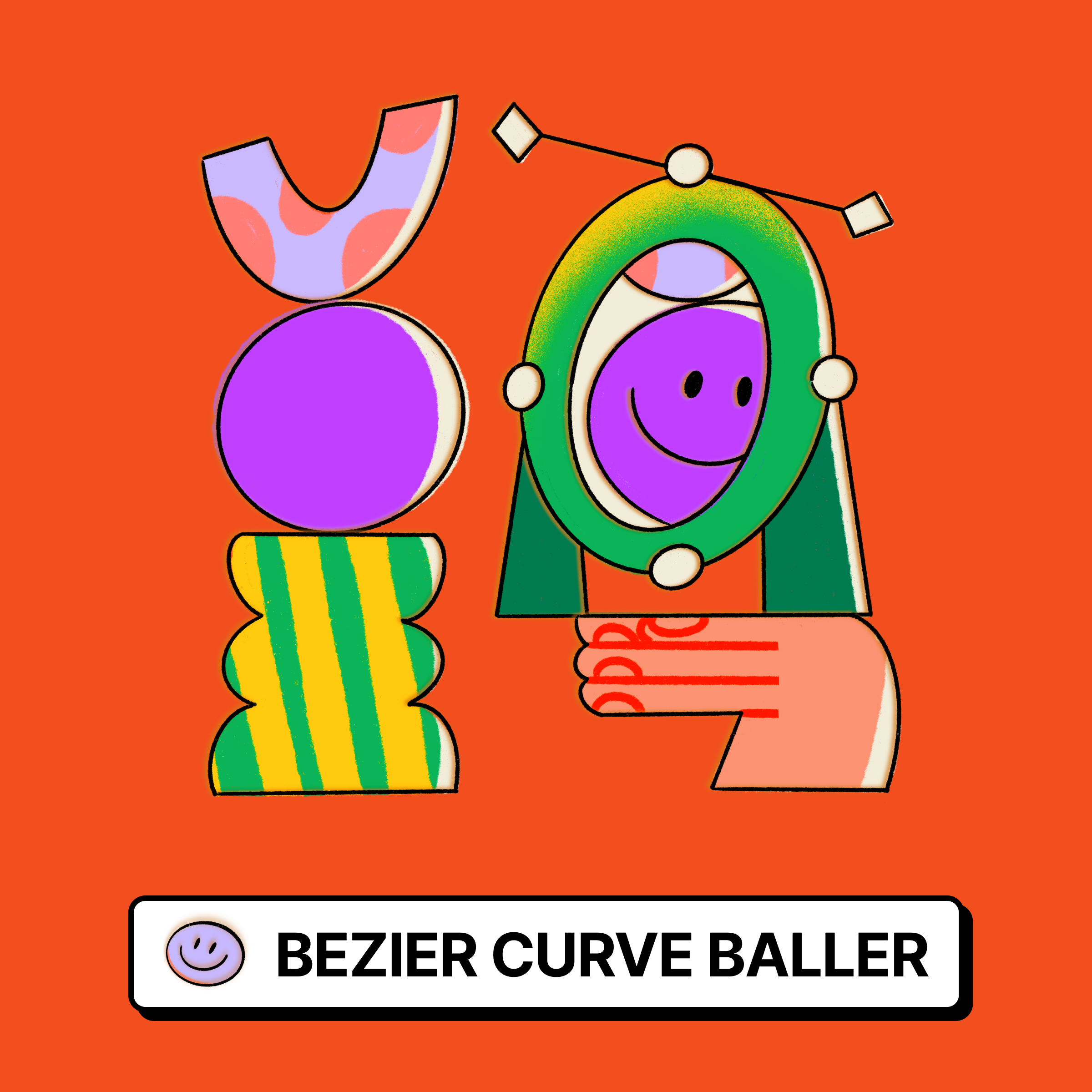 A circle resting on a vase-like base with an upside down “U” shape balanced on top of it. Next to it is a mirror being held by a large open hand revealing the circle's face smiling back.