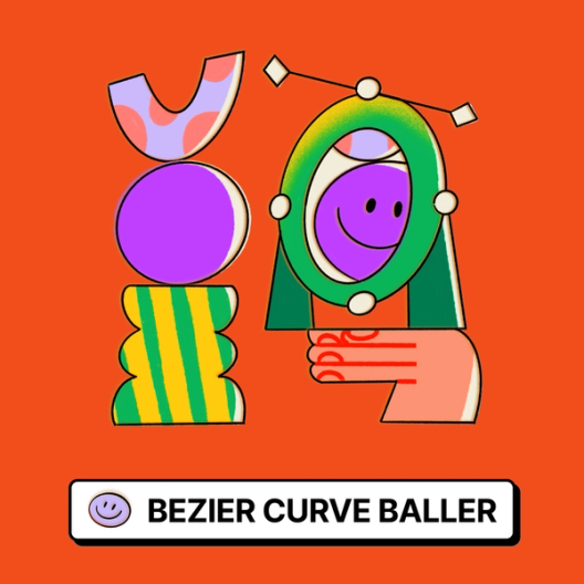 A circle resting on a vase-like base with an upside down “U” shape balanced on top of it. Next to it is a mirror being held by a large open hand revealing the circle's face smiling back.