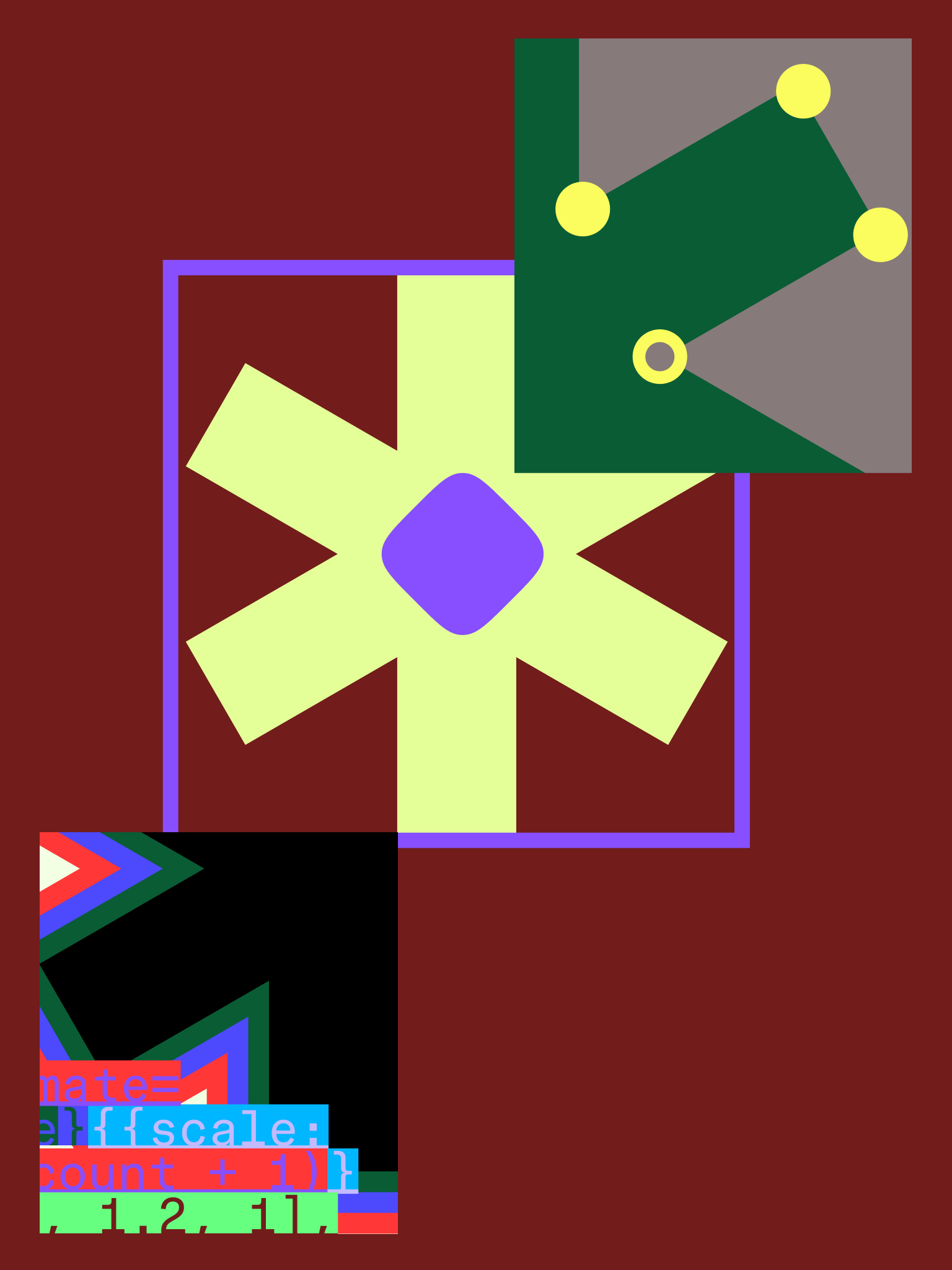 Abstract geometric illustration of a code-like graphic and a canvas graphic overlaying an asterisk shape on a maroon background.