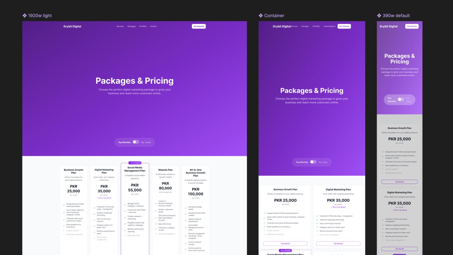 Pricing page template showing a responsive design across desktop, tablet, and mobile screen sizes.
