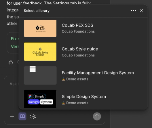 A library-selection modal displaying several design system thumbnails such as CoLab PEX SDS, CoLab Style Guide, and demo asset libraries.