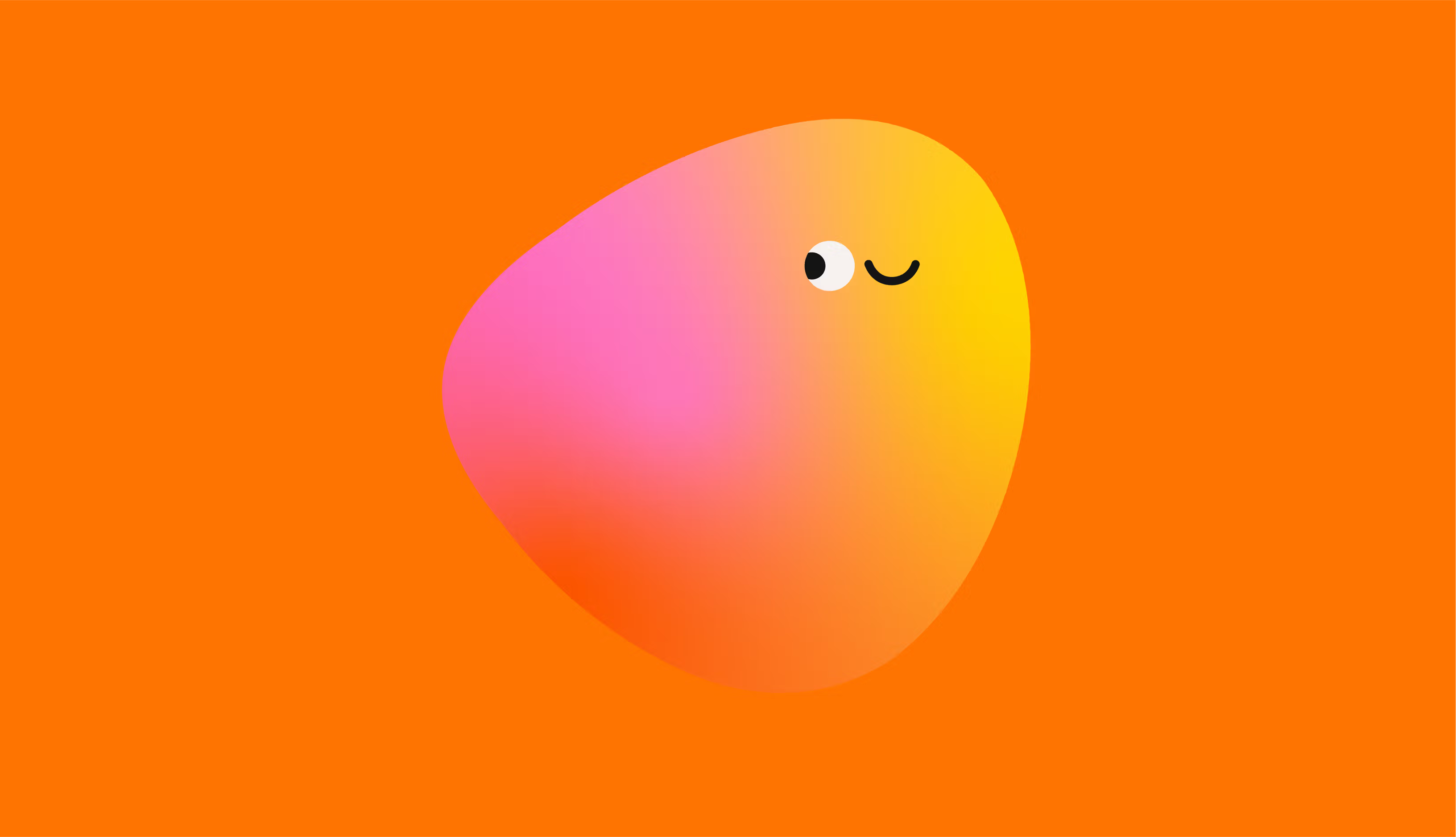 Pink-to-yellow gradient blob with a winking face on a bright orange background.