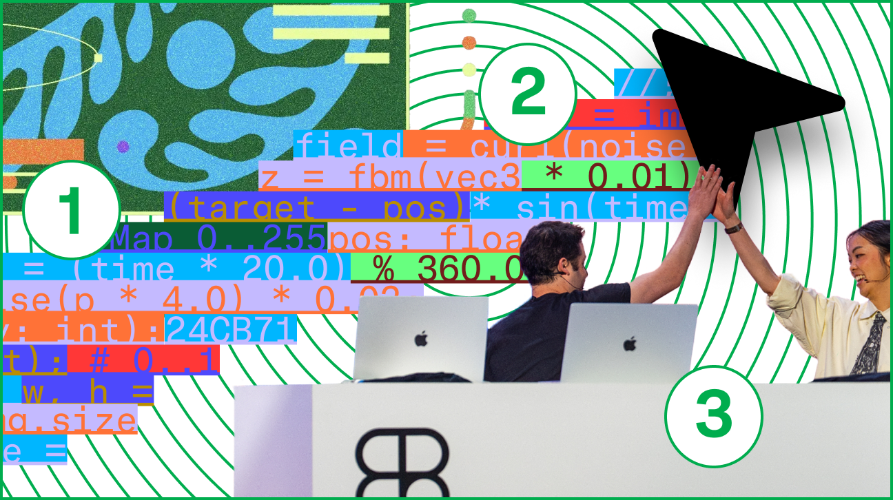 A collage showing an abstract illustration of organic blue shapes on a green background, lines of code written in colorful boxes, and two Config speakers high-fiving behind a podium