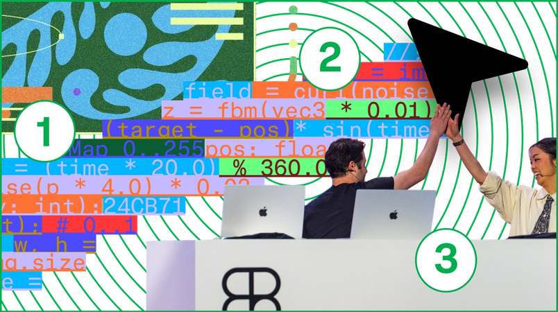 A collage showing an abstract illustration of organic blue shapes on a green background, lines of code written in colorful boxes, and two Config speakers high-fiving behind a podium