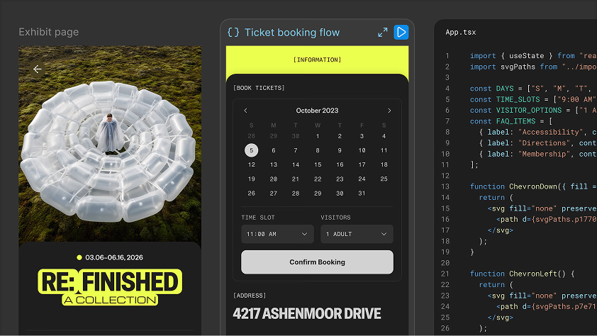 Split-screen showing a Figma design canvas with a ticket booking interface and React code in App.tsx — blog thumbnail for 'Code on the Figma canvas'