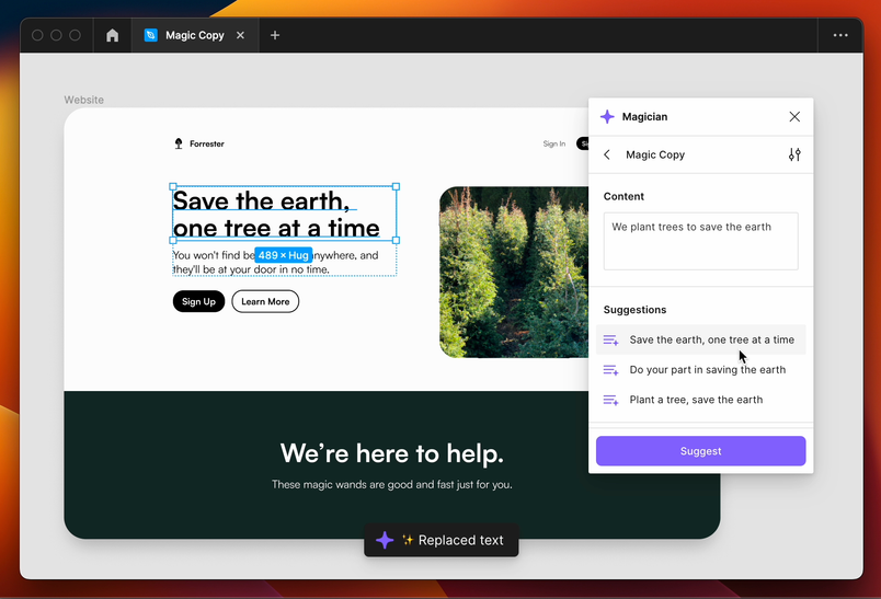 A screen that shows headline copy inside of a text editor box, with a drop down menu on the right-hand side. The drop down menu says "Magician," and "Magic Copy."