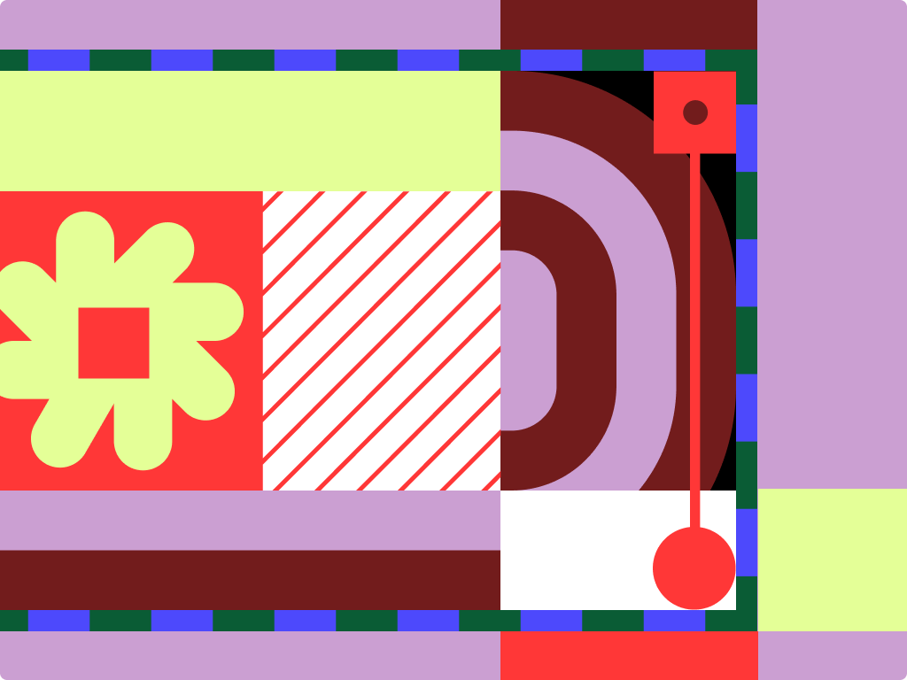 Lime green, red, purple, and blue shapes on a purple background.