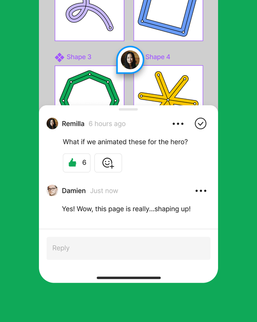Two teammates leave comments via mobile on a WIP design