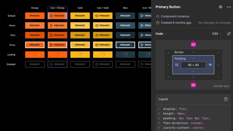 A view of Crunchyroll’s Primary Button component in the design system, which is rendered in orange, yellow, and blue states