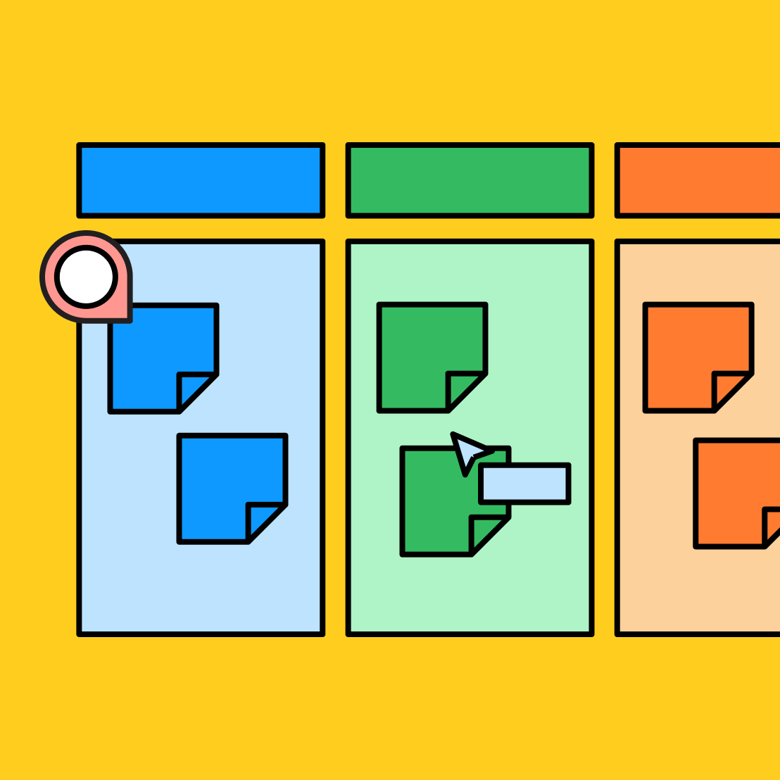 blue and green rectangles with sticky notes and other FigJam collaboration tools